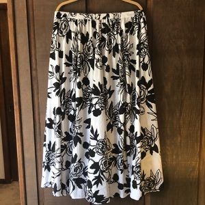 White with Black Floral Silky Flowy Maxi Skirt